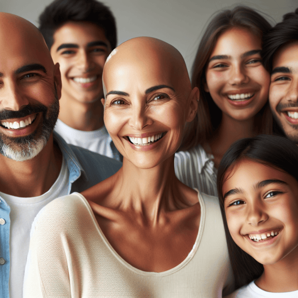 mujer calva feliz con su familia